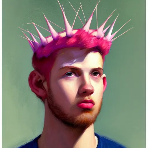 Prompt: A beautiful close-up of a young man with pink hair and a crown of thorns, digital art by Edward Hopper, vibrant color scheme, highly detailed, in the style of romanticism, fine Art, high detail, great lighting, 8k resolution, masterpiece, concept art, illustration, clear eyes, soft lighting, soft details, painting oil on canvas, octane render, HDR, trending on artstation, 4k, 8k, HD