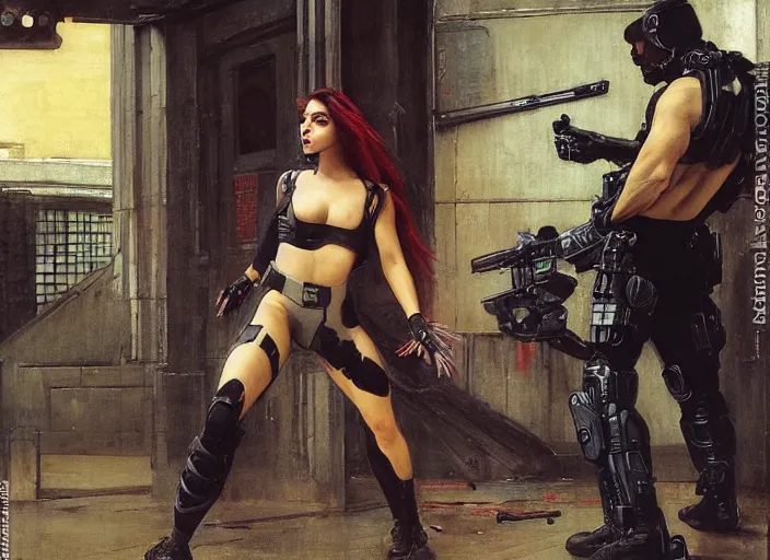 Prompt: Sophia evades sgt Griggs. Athletic Cyberpunk hacker babe escaping Menacing Cyberpunk police trooper griggs. (dystopian, police state, Cyberpunk 2077, bladerunner 2049). Iranian orientalist portrait by john william waterhouse and Edwin Longsden Long and Theodore Ralli and Nasreddine Dinet, oil on canvas. Cinematic, vivid colors, hyper realism, realistic proportions, dramatic lighting, high detail 4k