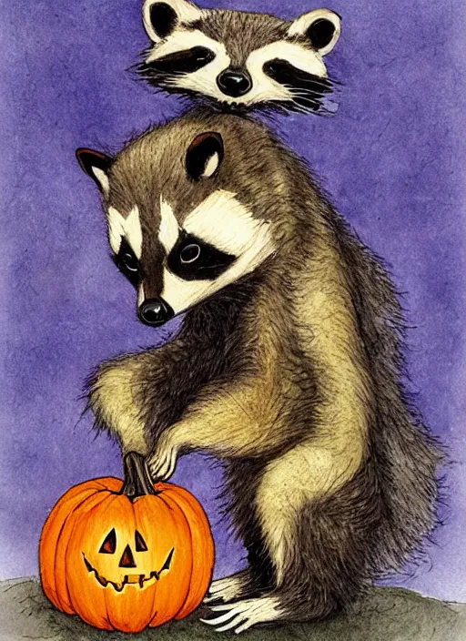 Image similar to halloween pumpkin in the shape of a raccoon by Rebecca Guay art, high quality, highly detailed,