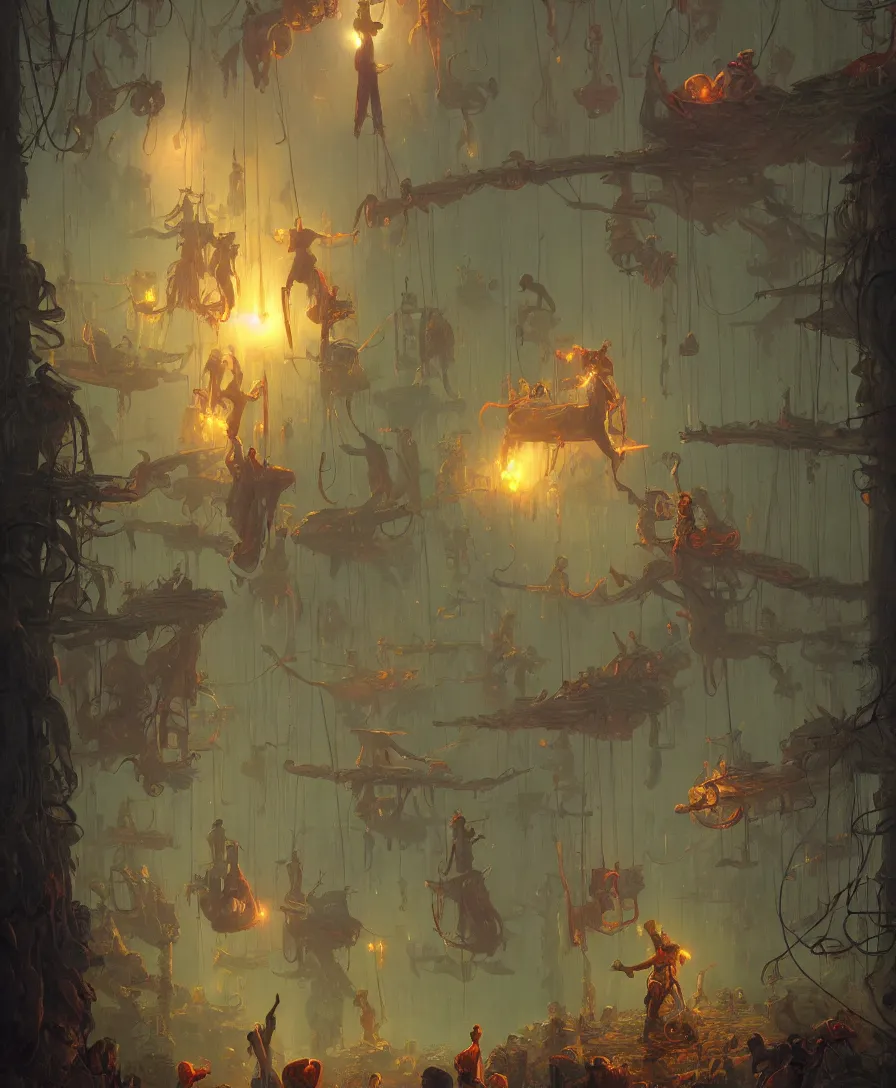 Prompt: circus afterlife, illustrated by Simon Stålenhag and Gaston Bussiere, 35mm lens, wide angle, beautiful volumetric lighting style atmosphere, intricate, ultra detailed, photorealistic, trending on artstation 8k