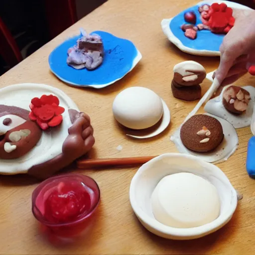 Prompt: claymation, pancake breakfast made of clay