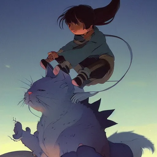 Prompt: a kid riding a monster cat in the night made by studio ghibli beautiful scene fantasy with a lot of lighting and blue colour highly detailed, digital painting, artstation, concept art, smooth, sharp focus, illustration, art by artgerm and greg rutkowski and alphonse mucha