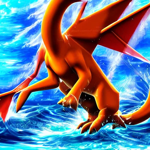 Image similar to a blue Charizard with water powers, digital art, realistic,ocean background