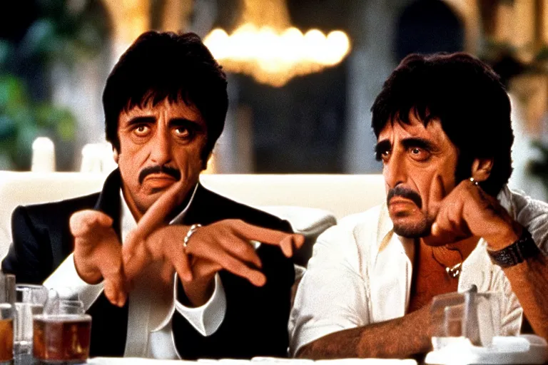 Image similar to tony montana from movie scarface 1 9 8 3 sitting behind a big black oak table with big large packages of flour. long shot. al pacino. perfect symmetric face, coherent eyes, fine details, 4 k, ron cobb, cinestill. last scene from scarface movie