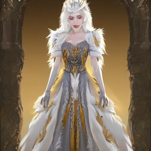 Image similar to commissioned full body portrait of a female anthro wolf princess fursona with white hair wearing a white and gold dress in a white and gold palace, by Wlop and jerry park, artstation, detailed