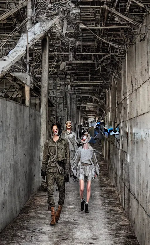 Prompt: Fashion Catwalk inside Military Base, Dystopian, War, Destruction Wide Lens