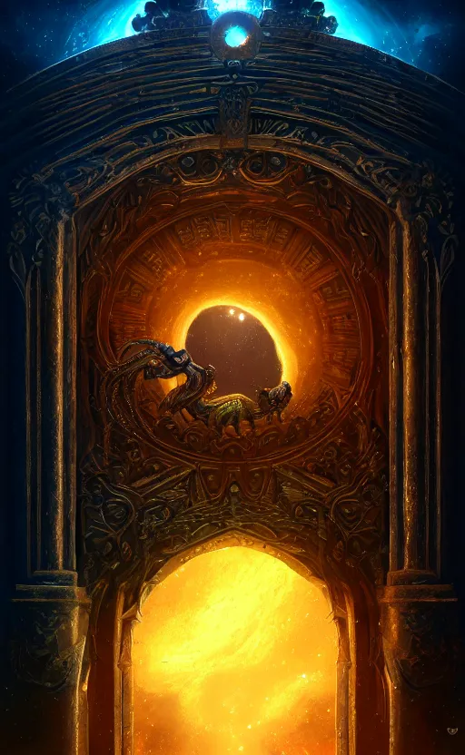 Image similar to a ornamental gate into stars a demon emerges from it, ornament, intarsia, portal, doorway, no background, dynamic lighting, ambient lighting, atmospherical, photorealistic fantasy concept art, trending on art station, stunning visuals, creative, cinematic, ultra detailed