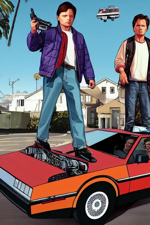 Image similar to GTA V cover art based on Back to the Future, starring Marty Mcfly, played by Michael J Fox. Marty Mcfly on the cover.