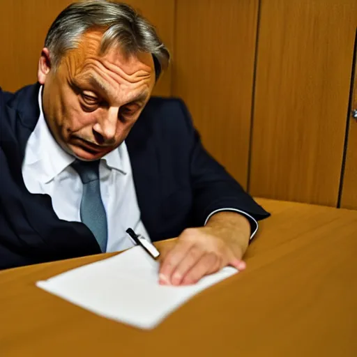 Prompt: viktor orban doodling in a cubicle, oil painting