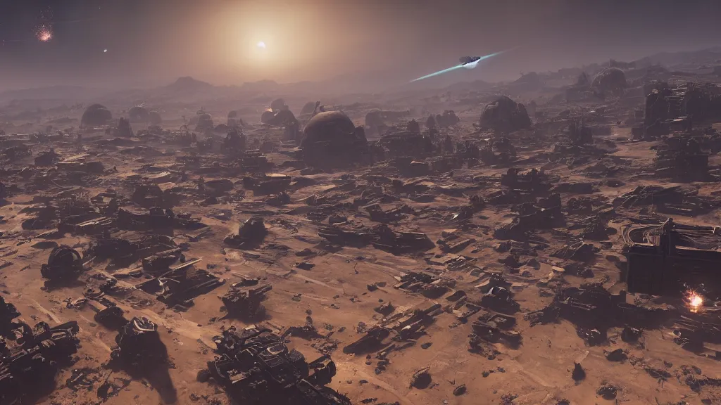 Prompt: hundreds of spaceships launching vertically from a desert, ruined city in background, hyperrealistic, Cryengine 8k UHD