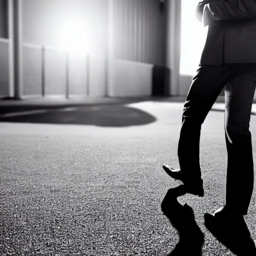 Prompt: man in suit walking towards camera with white background. wearing suit and hat. strong shadows. high contrast. serious look. carrying a pistol