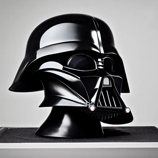 Prompt: photograph of a medium format camera that looks like Darth Vader's helmet . very detailed. plain background. 8K . still life photo. elegant design.