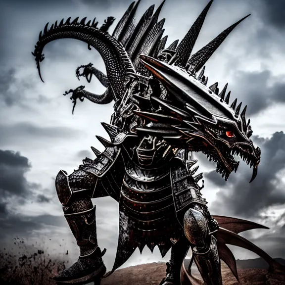 Prompt: photo of a warrior with metal dragon theme armour, 4 k, hdr, smooth, sharp focus, high resolution, award - winning photo