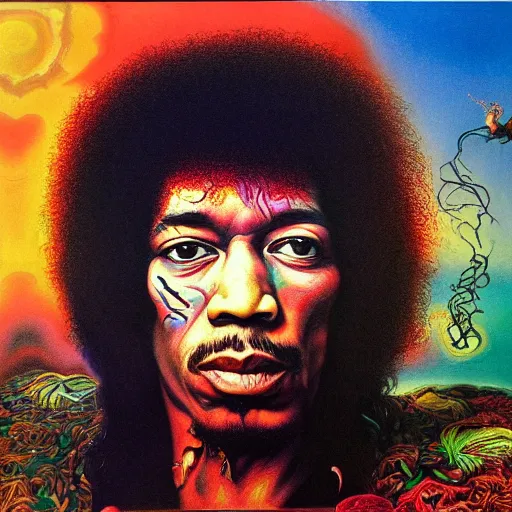 Image similar to colour masterpiece surreal closeup portrait photography jimi hendrix by miho hirano and annie leibovitz and michael cheval, psychedelic smoke background by kilian eng and roger dean and salvador dali and beksinski, 8 k