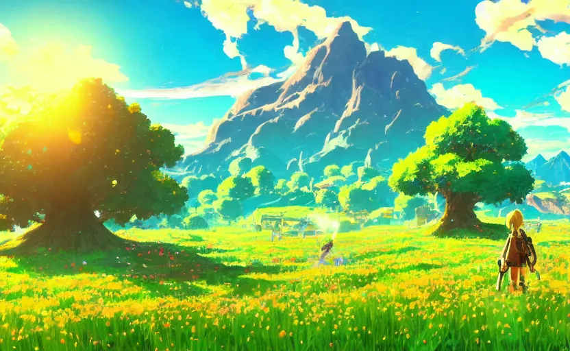 Image similar to fantastic anime sunny meadow with flowers, lone old Oak in the middle plane and mountains on the background, by Hayao Miyazaki, Nausicaa, Ghibli, Breath of the wild, Anime wallpaper