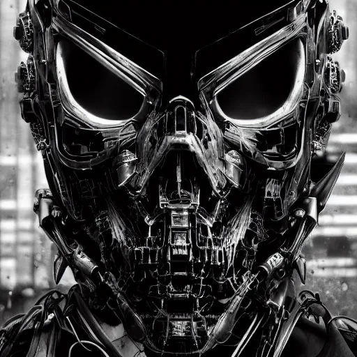 Image similar to black and white cyberpunk style dark bio metal skull, abalone pearl iridescence mecha hard-surface, cyberpunk, hyper realistic, cinematic, unreal engine, 3D, 8K, imagined by Ash Thorp, Tsutomu Nihei, Ghost In The Shell, Akira