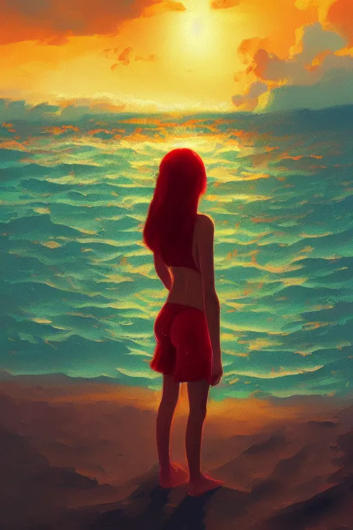Image similar to red haired girl, bikini, crowded beach surreal photography, sunrise, dramatic light, impressionist painting, colorful clouds, digital painting, artstation, simon stalenhag