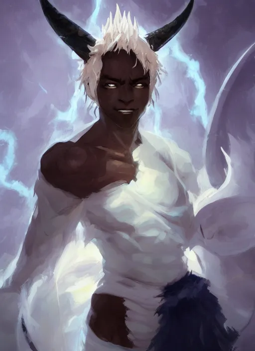 Image similar to concept art painting of a dark skinned person with short white hair, demon horns, white freckles, full clothing, blue robes, detailed, cel shaded, in the style of ruan jia and artgerm and makoto shinkai and james gurney