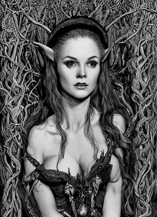 Prompt: portrait of wanda woodward as a forest elf, D&D, fantasy pen and ink by virgil finlay, trending on artstation, HD, intricate, masterpiece, concept art, character design
