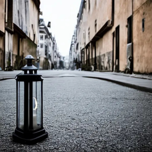 Prompt: lonely old lantern on empty modern street near the old car with light on