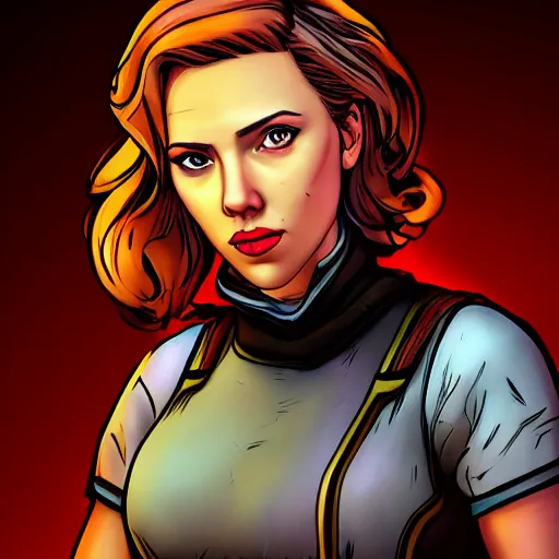 Image similar to scarlett johansson portrait, borderlands, tales from the borderlands, the wolf among us, comic, cinematic lighting, studio quality, 8 k