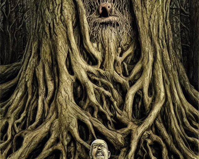 Image similar to a talking oak tree, a face in the bark, eyes in the bark, mouth in the bark, horror concept art, sharp teeth, digital painting, oil painting, hyperrealistic, treebeard, ent, undead, monster, highly detailed, moonlight, very detailed eyes, in the forest, by alan lee, by artgerm