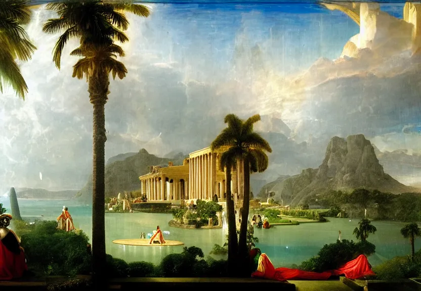 Image similar to Palace floating in heaven, 1km tall, thunderstorm, greek pool, beach and palm trees on the background major arcana sky, by paul delaroche, hyperrealistic 4k uhd, award-winning very detailed, heaven paradise