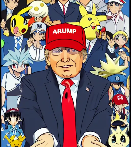 Prompt: donald trump as a pokemon trainer by ken sugimori