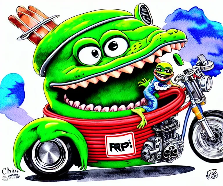 Prompt: cute and funny, pepe smiling wearing a helmet riding in a tiny hot rod harley with oversized engine, ratfink style by ed roth, centered award winning watercolor pen illustration, isometric illustration by chihiro iwasaki, edited by range murata, details by artgerm