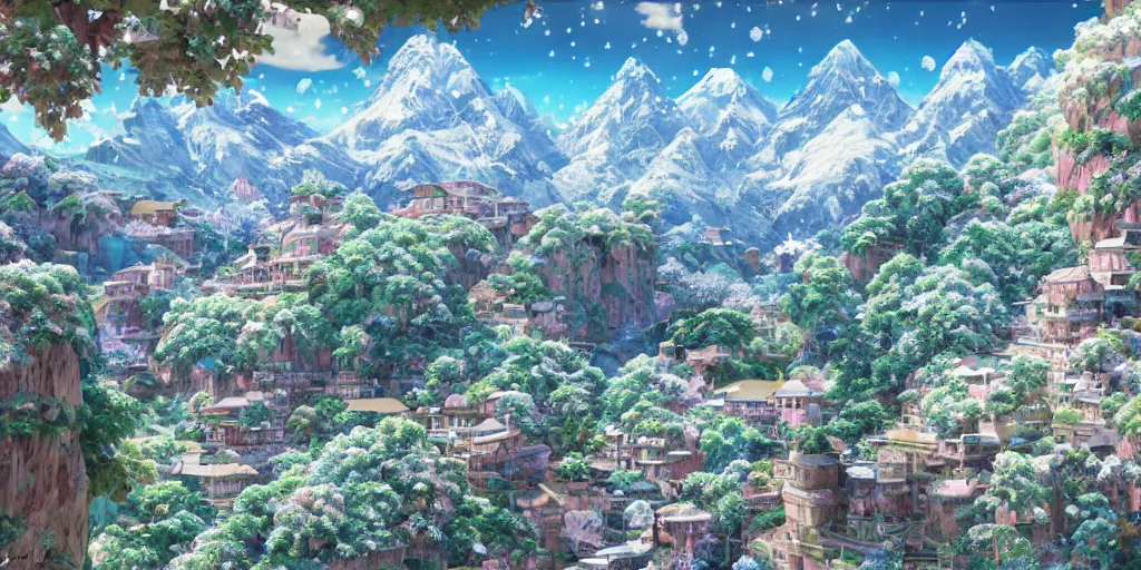 Prompt: the aesthetic view of the beautiful, grand, wistful, dreamy landscape of the peak of a snowcapped mountain, hyperrealistic digital anime illustration by iralki nadar, colorful, extremely detailed, intricate linework, super sharp focus, bright colors, octopath traveler, studio ghibli, unreal engine 5 highly rendered, global illumination, radiant light, detailed and intricate environment