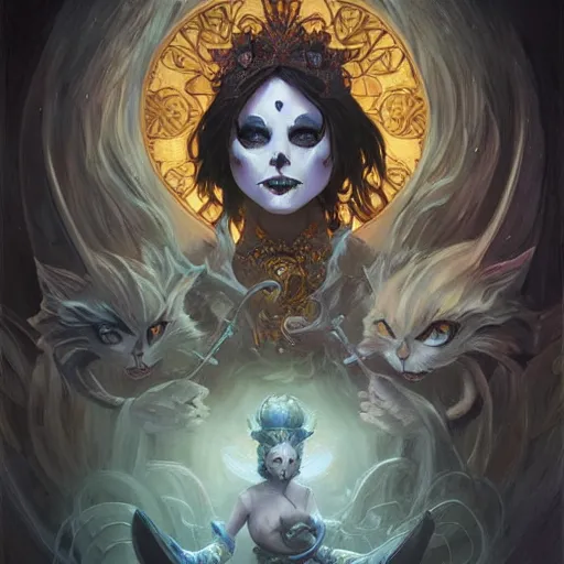 Prompt: Death tarot card design portraying Hello Grim Kitty, D&D, MtG art,fantasy, intricate, elegant, highly detailed, digital painting, artstation, concept art, smooth, sharp focus, hyperrealistic,illustration, art by artgerm and greg rutkowski and alphonse mucha