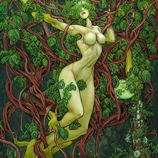 Image similar to anthropomorphic tangle of vines and plant matter. this fantasy creature guards the woods from unwary travelers. similar to a treant or forest spirit. By rebecca guay, by terese nielsen, by aaron miller, by kieran yanner. trending on artstation. 4k resolution.