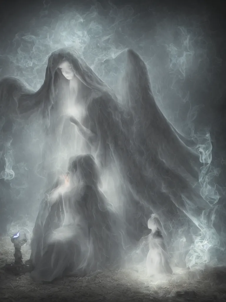 Image similar to cute fumo plush gothic angel maiden girl in hood ghost wraith making an apparition in an abandoned church, fallen angel, wisps of smoke and glowing volumetric fog, vignette, orthographic, vray