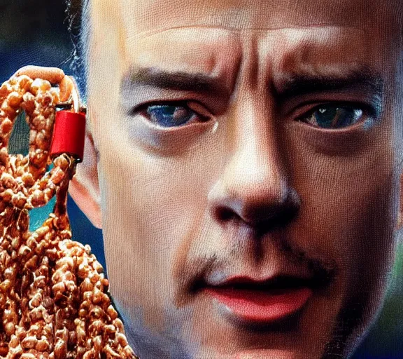 Image similar to Tom hanks as forrest gump wearing a necklace made out of shrimps around the neck, realistic face, digital art, in the style of Marek Okon, amazing detail, artstation, long shot