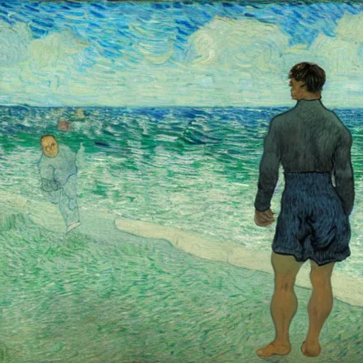 Image similar to Tom Cruise swimming in the sea by Van Gogh