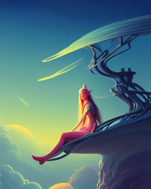 Prompt: beautiful painting of elven sitting on her flying bed, art by mike winkelmann and by petros afshar, sky night, illustration, highly detailed, simple, smooth and clean vector curves, no jagged lines, vector art, smooth, artstation