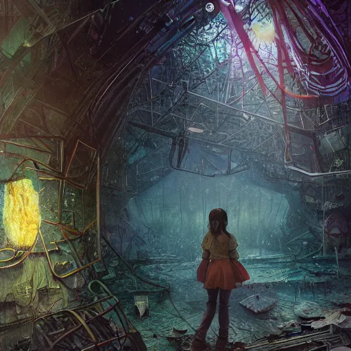 Prompt: a girl in chernobyl disneyland, digital illustration, by android jones and greg rutkowski, retrowave color scheme, detailed, cinematic lighting, wide angle action dynamic portrait