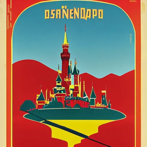 Image similar to Disneyland in the style of a 1930's soviet propganda poster, yellow, black, red, grainy, disneyland