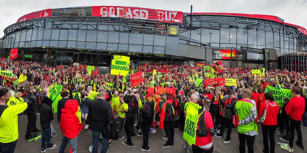 Prompt: # glazersout protests outside old trafford theatre of dreams against the glazers, # glazersout, chaos, protest, banners, placards, burning, pure evil, 8 k, by stephen king, wide angle lens, 1 6 - 3 5 mm, symmetry, cinematic lighting