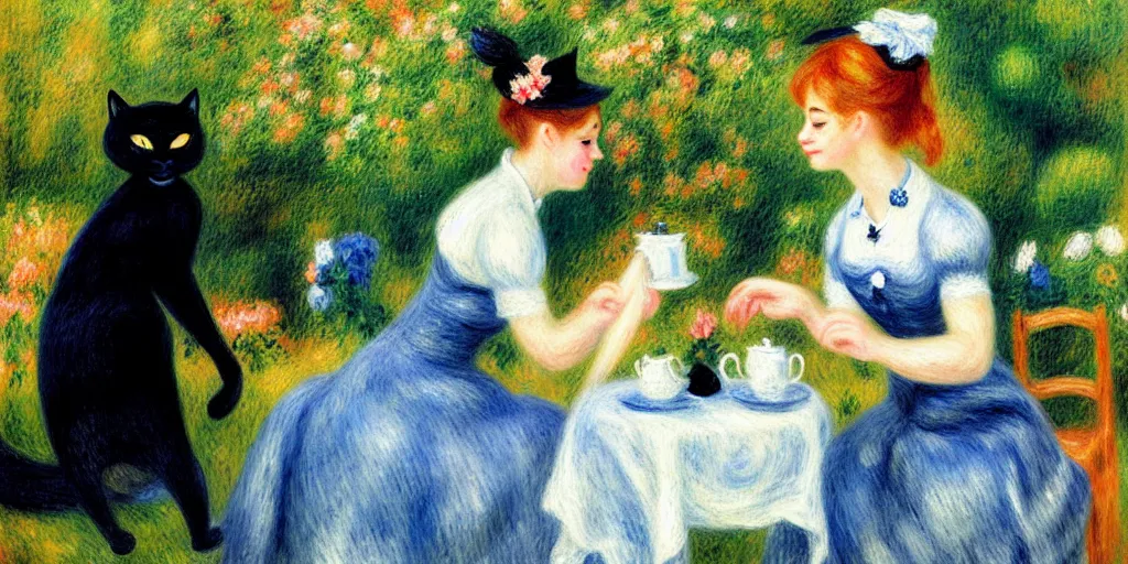 Prompt: anthropomorphic black cat in a suit serving tea to a lady in a beautiful blue dress, garden, flowers, lake, pale colors, anthropomorphic cat, sunny, sharp focus, highly detailed, impressionist, art by Pierre-Auguste Renoir, painting, masterpiece