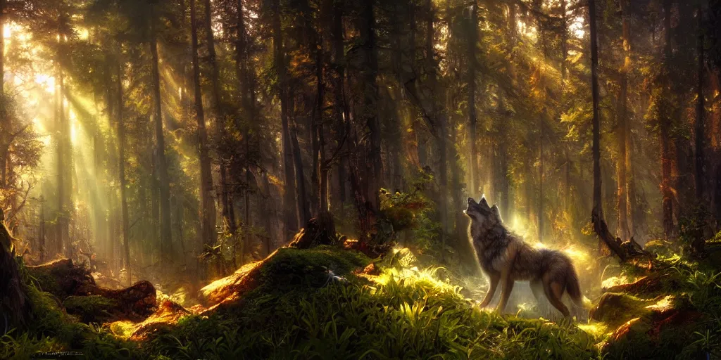 Prompt: wolf in the forest, magical energies emanating from it, god rays, wide angle, fantasy art, matte painting, sharp focus, vibrant colors, high contrast, illustration, art by justin gerard