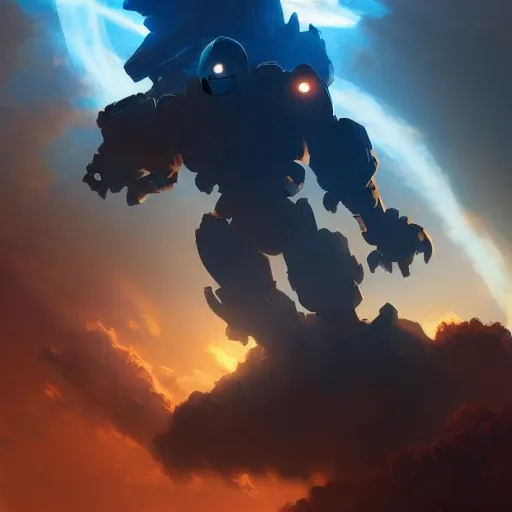 Prompt: Iron giant descending from heaven by Ruan Jia, 4k, HD, artstation,