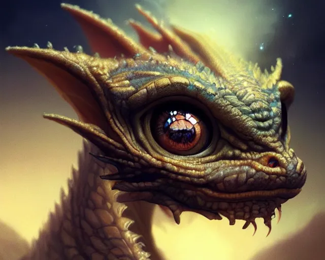 Prompt: digital painting of beautiful cute little baby dragon with huge eyes and long eyelashes gazing into the camera, medium shot, intricate, highly detailed, fractals, rendered in blender, octane, artstation, greg rutkowski, muchas, artgerm