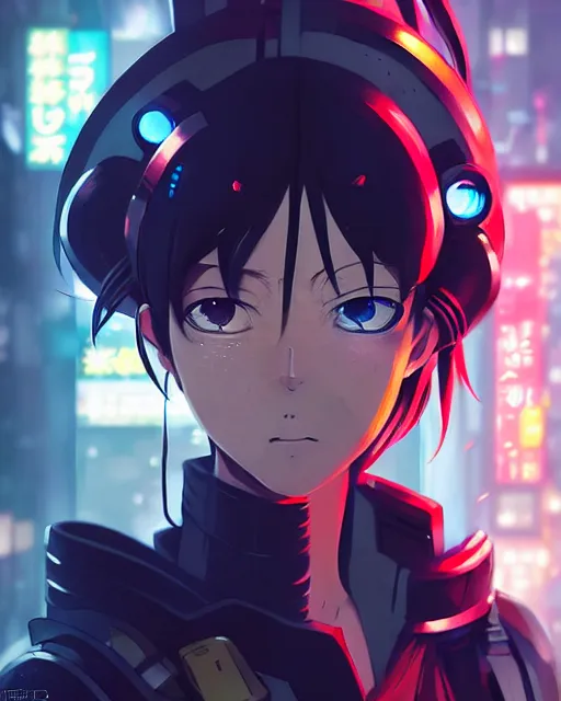 Image similar to portrait of anime girl in mechanic armor in night tokyo by makoto sinkai, my hero academia,cyberpunk, greg rutkowski, perfect face, fine details