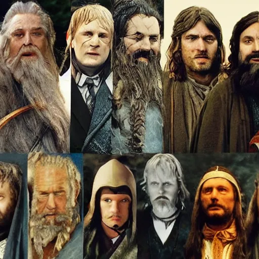 Prompt: gandalf and gimli and aragorn and boromir and legolas and samwise gamgi and frodo baggins and merri and pippin, in the style of wes anderson