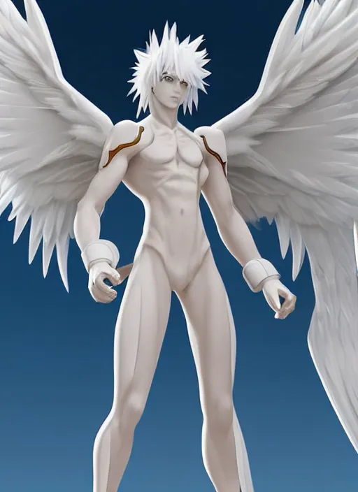 Prompt: Angemon, the angelic Digimon. Tall blond muscular humanoid with six feathery wings, white bodysuit with metal accents, blue loincloth and sash, and helmet covering eyes.