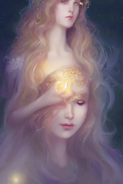 Prompt: Nocturne, glowing, stars, beautiful sly fae bohemian girl, long blonde hair, tiara, highly detailed, mysterious, ethereal, sigils, haute couture, illustration, dramatic lighting, soft details, painting, by Edmund Blair Leighton, Brom, Charlie Bowater, trending on artstation, faces by otto schmidt