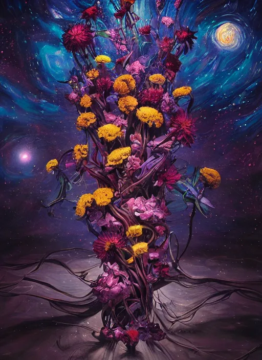 Image similar to An epic fantastic realism comic book style painting of the most beautiful entwined flowers launched across the dark and starry night sky, nebulous bouquets, fisheye lens, unreal 5, DAZ, hyperrealistic, octane render, dynamic lighting