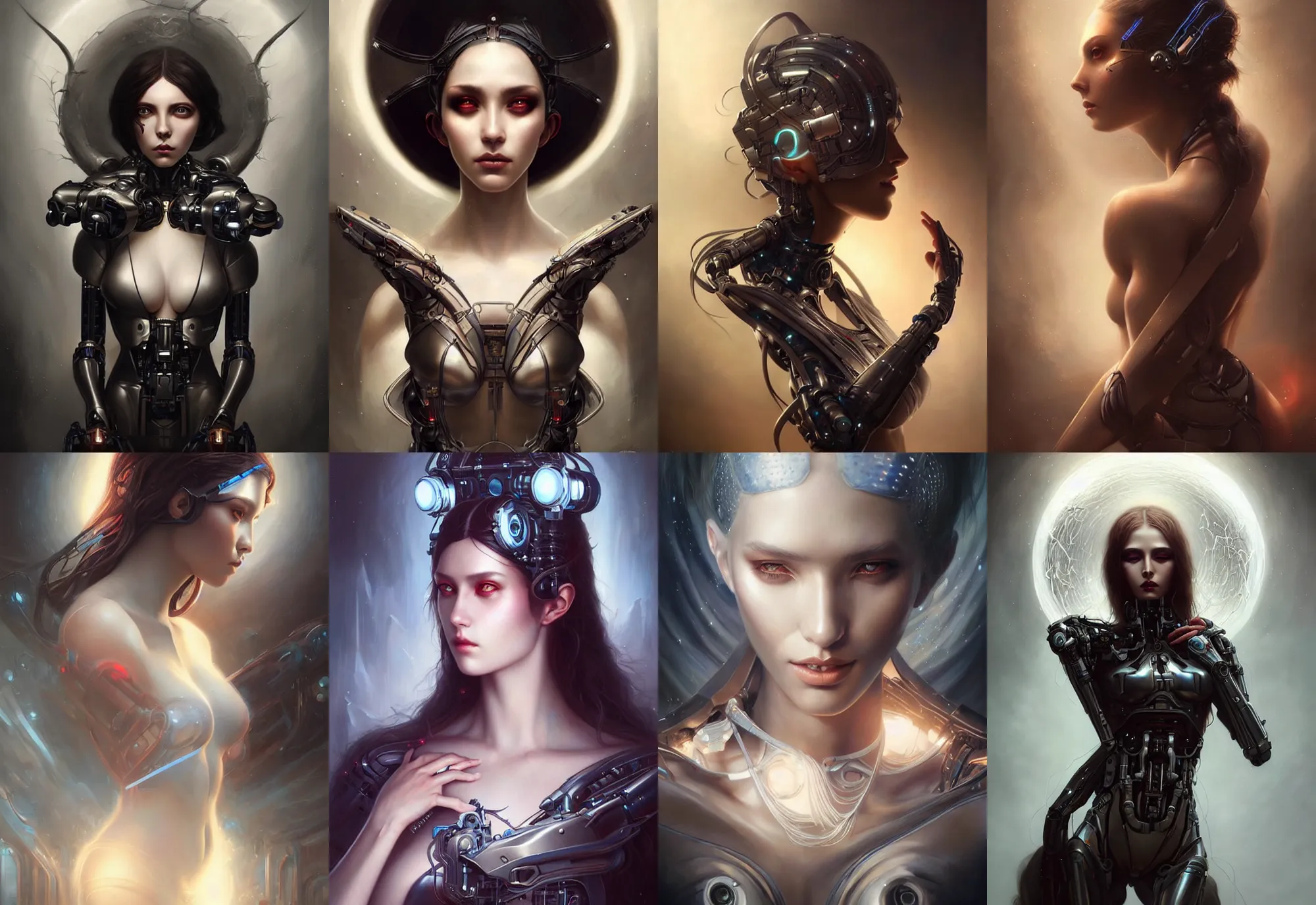 Prompt: a beautiful woman with cybernetic sinews, painted by artgerm and tom bagshaw, fantasy art, dramatic lighting, highly detailed oil painting