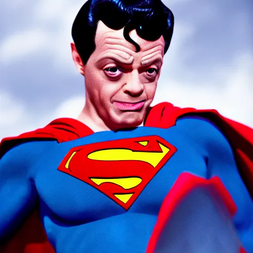 Image similar to don knotts as superman, detailed face, terrified look on his face, professional photography, cinematic, 8k,